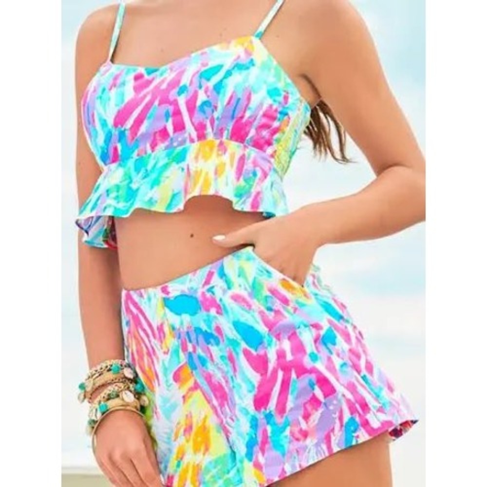 Lilly Pulitzer Neon Tropical Cami Crop Top Shorts Matching Set Size 4